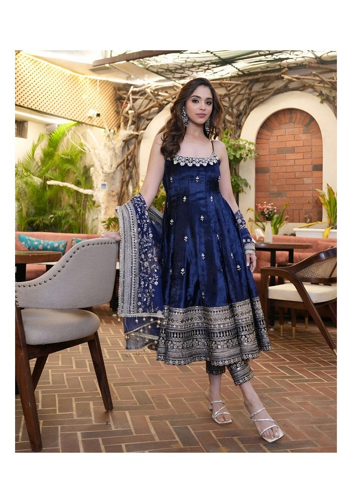 Malishka Export Blue Vichitra Silk Anarkali Kurta Pant for Women - Image 1
